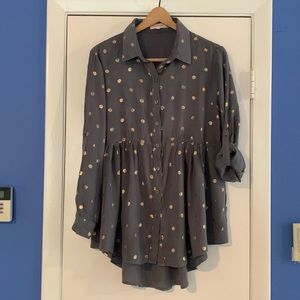 Drop waisted button down long shirt with metallic gold polka dots